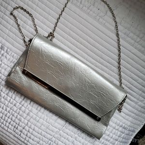 Metallic Silver clutch with crossbody chain NYE